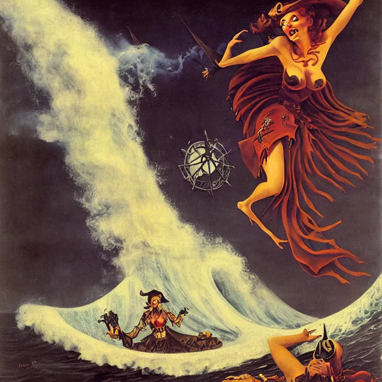 Image similar to a pirate witch summoning a giant wave by remedios varo and art frahm and earl moran and fritz willis and gil elvgren