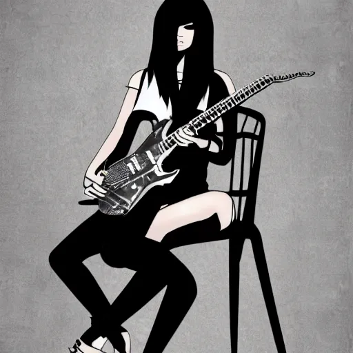 Prompt: beautiful goth girl with short black hair playing an electric guitar sitting on a chair, 8k, super detailed, extremly detailed face, sharp, drawing, illustration