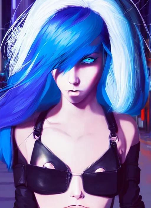 Prompt: hyper realistic photograph portrait of cyberpunk pretty girl with blue hair, beautiful face and make up, blue eyes, wearing a sexy leather outfit, in city street at night, by makoto shinkai, ilya kuvshinov, lois van baarle, rossdraws, basquiat