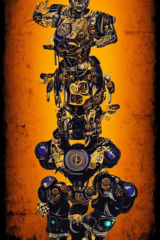 Prompt: a study of cell shaded Vector illustration of a cyborg robot fu manchu buddha dancing , golden ratio, post grunge screen print poster, character concept art by Miles Tsang, highly detailed, sharp focus, motherboard, Artstation, deviantart, artgem