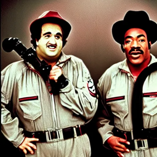 Image similar to photoshoot of john belushi and eddie murphy as ghostbusters, in the style of annie leibovitz - h 6 4 0