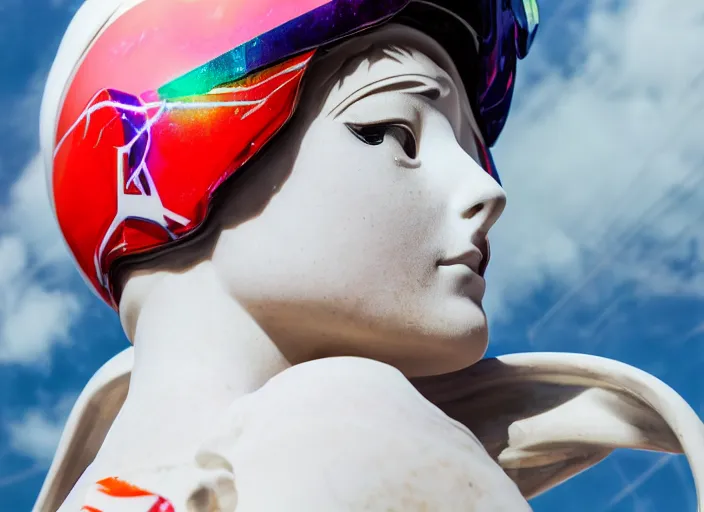 Prompt: extremely beautiful close up portrait photo of a white marble statue of an anime girl with colorful motocross logos and motorcycle helmet with closed visor, colorful smoke in the background, carved marble statue, fine art, neon genesis evangelion, virgil abloh, offwhite, denoise, highly detailed, 8 k, hyperreal