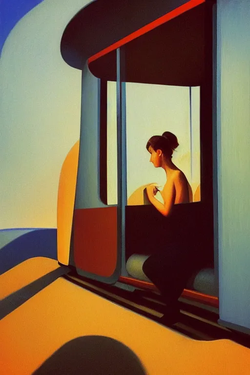 Image similar to woman put the train through her head Edward Hopper and James Gilleard, Zdzislaw Beksisnski, higly detailed