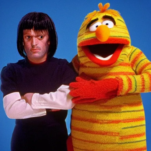 Image similar to Vincent and Jules from Pulp Fiction replaced by Bert and Ernie