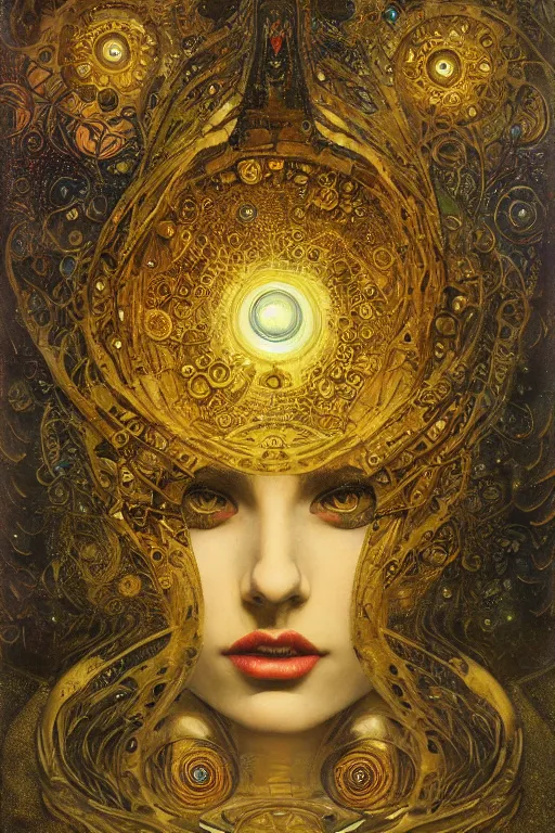 Prompt: Machinery of Fate by Karol Bak, Jean Deville, Gustav Klimt, and Vincent Van Gogh, enigma, otherworldly, fractal structures, prophecy, arcane, ornate gilded medieval icon, third eye, spirals