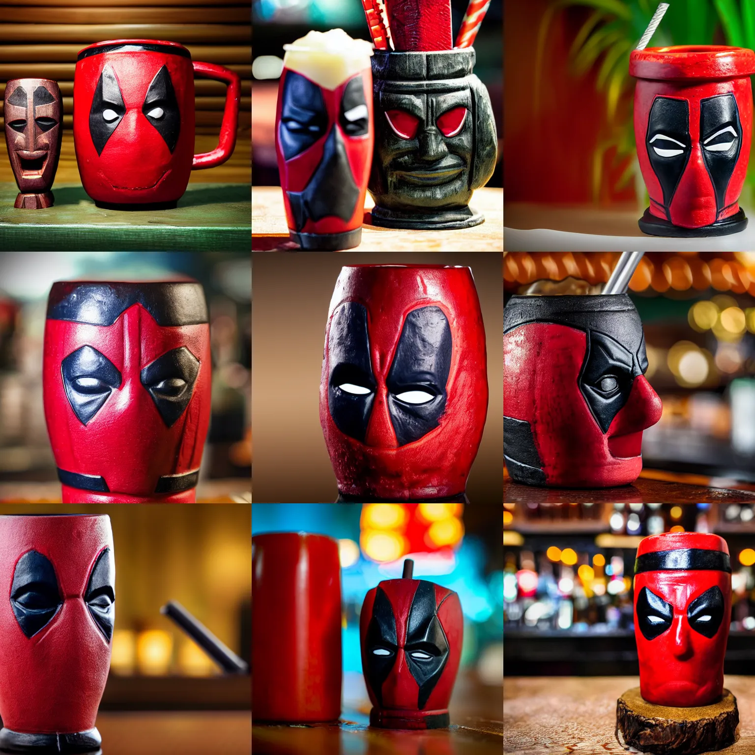 Prompt: a closeup photorealistic photograph of a deadpool style tiki mug sitting at a trader vic's bar featuring the face of deadpool. tiki culture. bright scene. fine detail. this 4 k hd image is trending on artstation, featured on behance, well - rendered, extra crisp, features intricate detail, epic composition and the style of unreal engine.