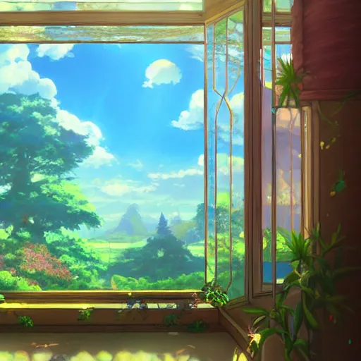 Image similar to a heavenly dream view from the interior of my symmetrical world of macroscopic plants from a Makoto Shinkai oil on canvas inspired pixiv dreamy scenery art majestic fantasy scenery cozy window frame fantasy pixiv scenery art inspired by magical fantasy exterior