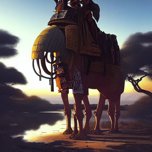 Image similar to an african moor wearing white robes riding a steampunk camel into a lush desert oasis with a reflective pond, by greg rutkowski and android jones in a cyberpunk style, oil on canvas, 8k, synthwave sunset