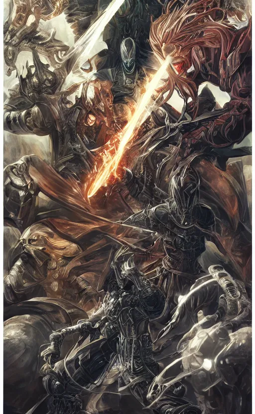 Image similar to dark souls and elden ring bosses, marvel movie poster, hyper detailed, 8 k, trending on artstation, by tony taka, by yusuke murata