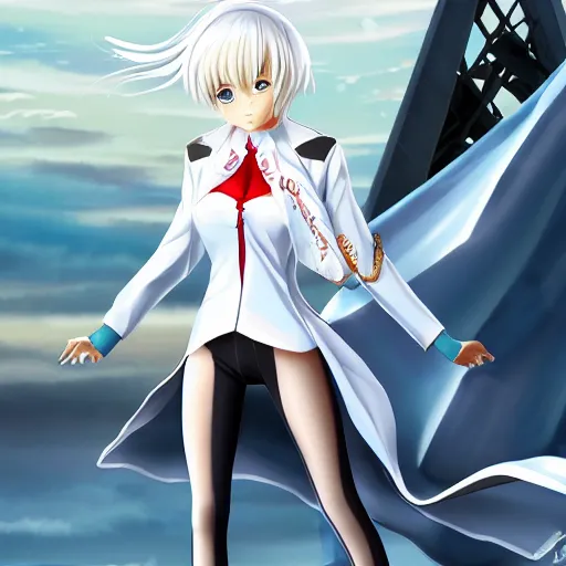 Image similar to aristocratic platinum - blonde - haired hime - cut blue - eyed princess wearing white leggings and black jacket, standing next to communist monument, anime, hd anime wallpaper, drawn by artgerm