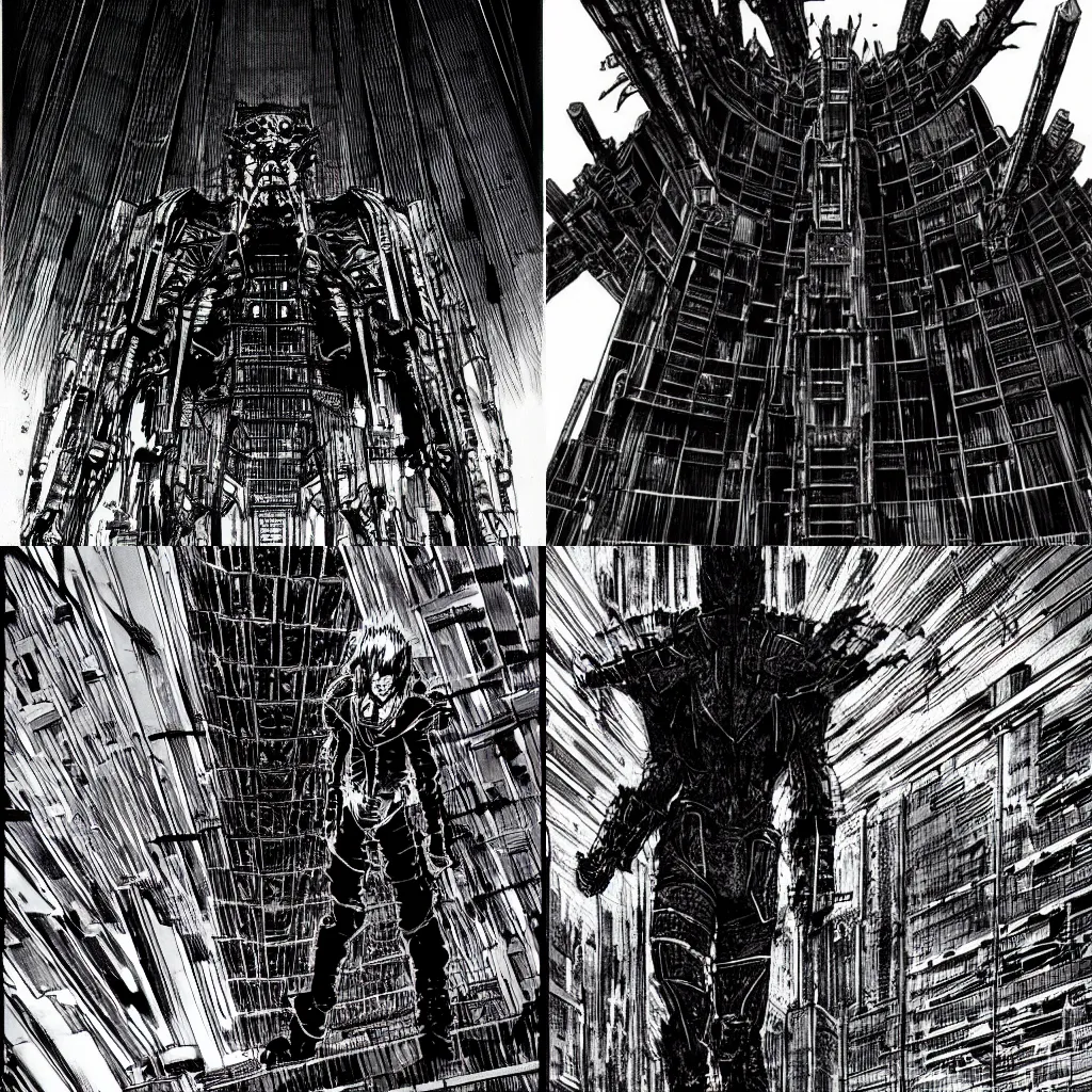 Prompt: a vampire wandering a vast, endless brutalist megastructure, drawn by tsutomu nihei