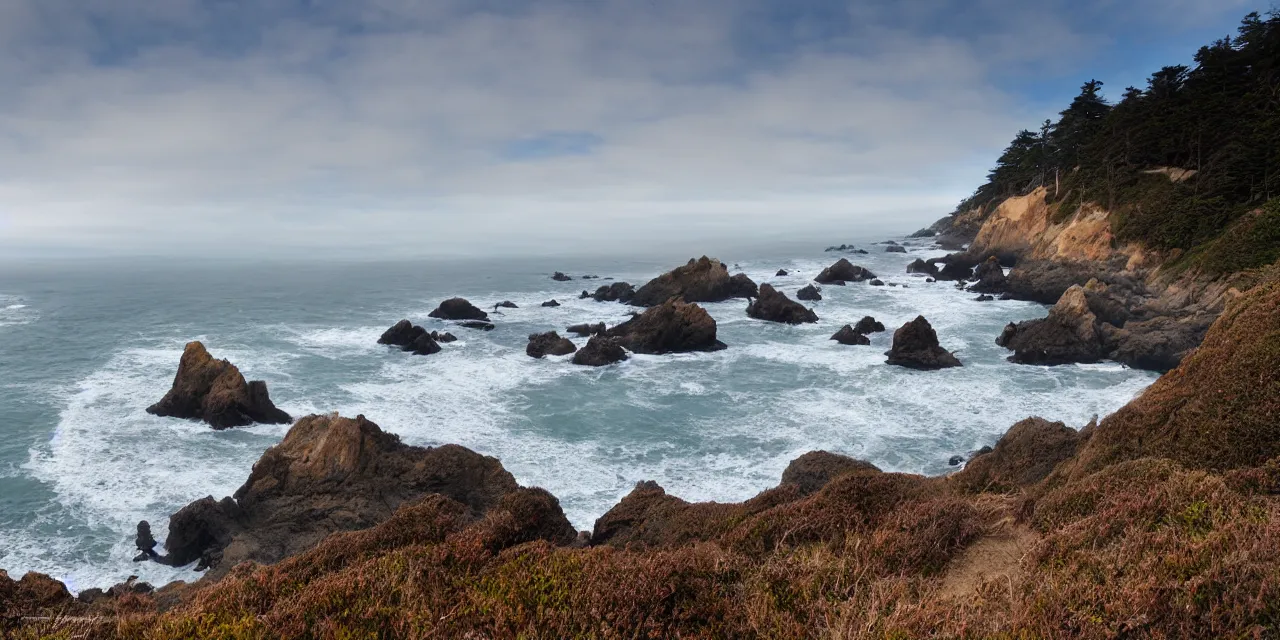 Prompt: wide angle shot, northern california coast beach