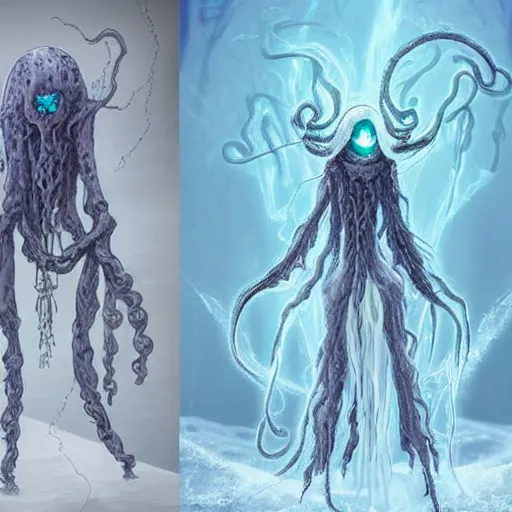 Prompt: concept designs of a chained ethereal ghostly wraith like figure with a squid like parasite latched onto its transparent skull and long tentacle arms that flow lazily but gracefully at its sides like a cloak while it floats around a frozen rocky tundra in the snow searching for lost souls and that hides amongst the frozen underbrush, this character has hydrokinesis and electrokinesis for the resident evil village video game franchise with inspiration from the franchise Bloodborne in the style of arcane the series on netflix