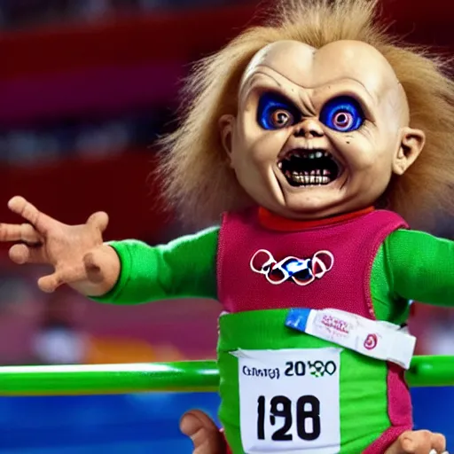 Image similar to screaming chucky doll doing long jump at the olympics