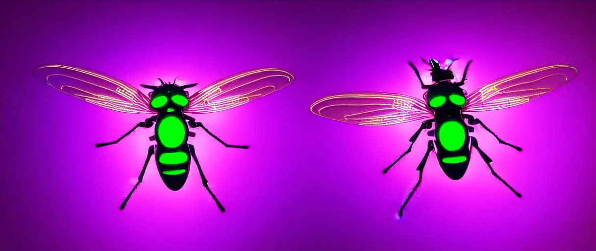 Image similar to high quality photo glowy iridescent cyborg fly! jeweled very beautiful! highly detailed digital art david ligare elson peter cinematic purple neon lighting high quality low angle hd 8k sharp shallow depth of field