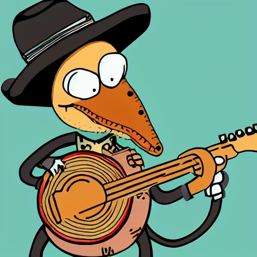 Image similar to an illustration of a alligator playing a banjo and wearing a cowboy hat