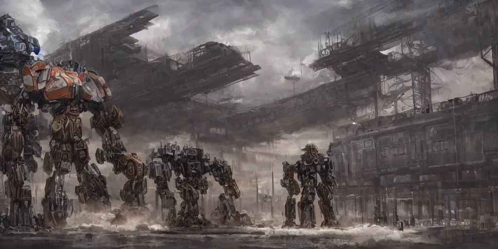 Image similar to a russian mecha, train station in summer, matte painting, afternoon, drama, by rozalski, artstation