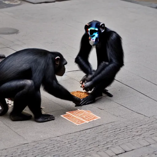 Image similar to a chimpanzee picking up pennies on a street in manhattan, depth of field, breathtaking, detailed and intricate environment, 8 k resolution, hyperrealistic