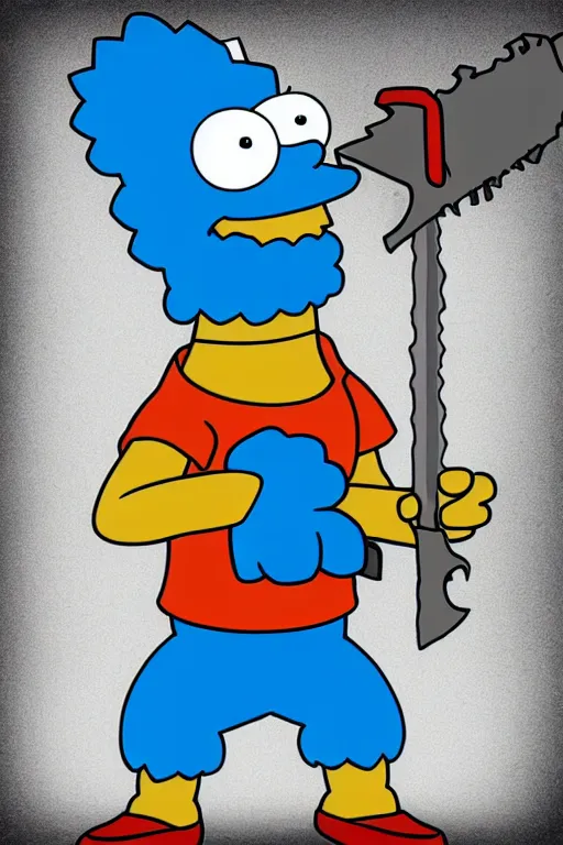 Image similar to marge simpson as a serial killer, holding a chainsaw