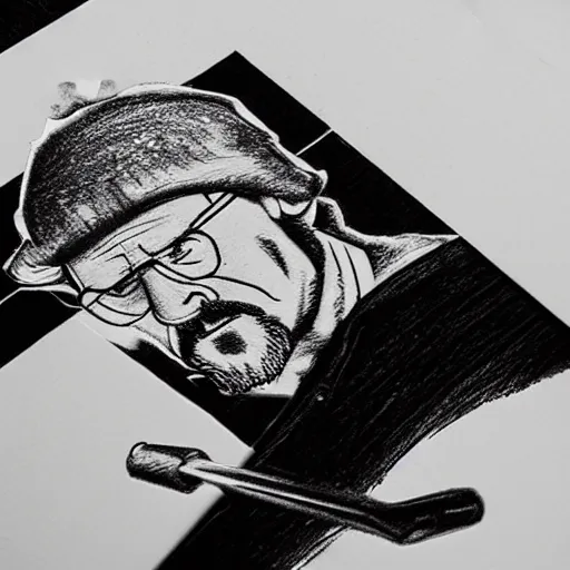 Image similar to very detailed black and white pencil sketch of walter white cooking a pizza with a blowtorch