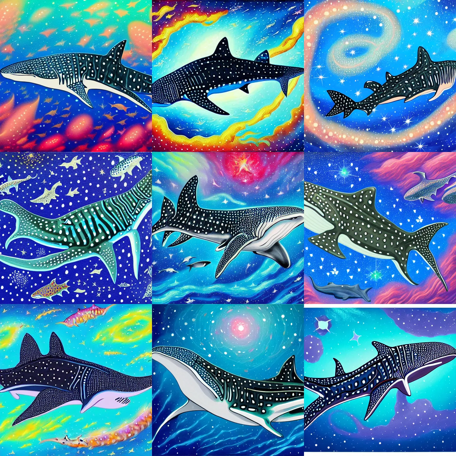 Prompt: finely detailed gouache painting of a whale shark, swirling luminous nebula background, elegant, ultra detailed, photorealistic painting of a whaleshark foreground, colorful nebula background, sharp focus