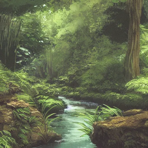 Image similar to a stream running through a lush forest, ghibli