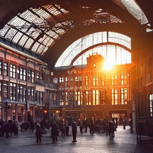 Prompt: A beautiful historical interior of Amsterdam central station with steam locomotives leaving the station, blinding backlight sunset, hyper real highly detailed