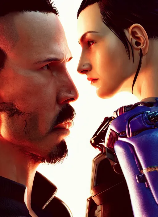 Image similar to a cyberpunk 2077 couple portrait of a Keanu Reeves as johnny silverhand and a female android in final kiss,love,fantasy, intricate, elegant,film lighting,artstation,deviantart,FAN ART,full of color,Digital painting,face enhance,highly detailed,8K,octane,golden ratio,cinematic lighting