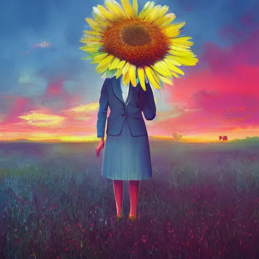 Image similar to huge daisy flower head, frontal, a girl in a suit, surreal photography, sunrise, dramatic light, impressionist painting, digital painting, artstation, simon stalenhag