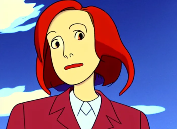 Image similar to an animation still of dana scully, in the style of studio ghibli, netflix animation, toei animation, filmation animation, traditional animation, sharp detail, animation cel