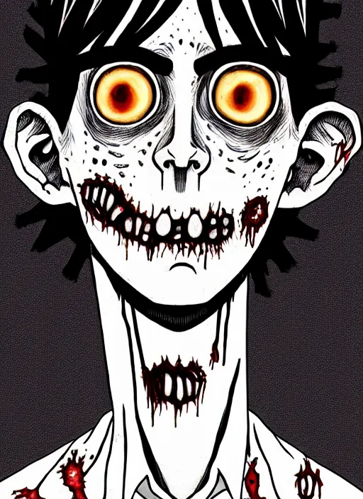 Image similar to junji ito style portrait of zombie teenage jughead jones wearing a light grey crown, zombie, crown, rotting skin, blind eyes, white eyes, crown, black hair, intricate, highly detailed, illustration, art by junji ito