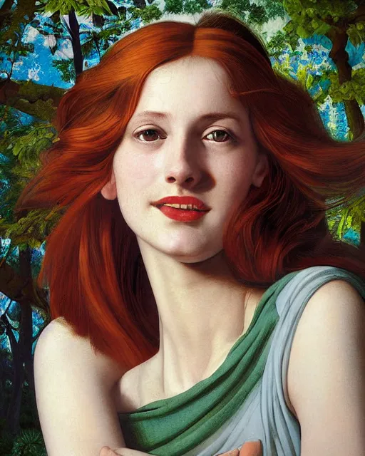 Prompt: a happy, modern looking young woman looking over shoulder, wonderful dress, among the lights of golden fireflies and nature, long loose red hair, intricate details, green eyes, small nose with freckles, triangle shape face, smiling, golden ratio, high contrast, hyper realistic digital art by artemisia lomi gentileschi and caravaggio and artgerm.