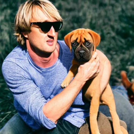 Prompt: 50mm photo, Owen Wilson wearing sun glasses, holding a boxer puppy