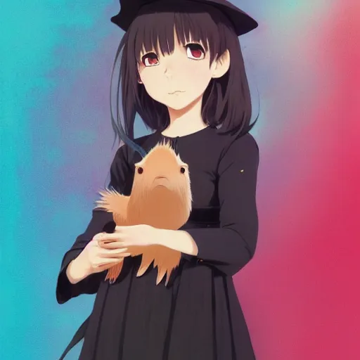 Image similar to full body portrait character concept art, anime key visual of a little witch with her capybara mascot, fine - face, audrey plaza, realistic shaded perfect face, fine details. anime. very strong realistic shaded lighting poster by ilya kuvshinov katsuhiro otomo ghost, magali villeneuve, artgerm, jeremy lipkin and michael garmash and rob rey