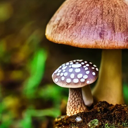 Image similar to macro photo with a mushroom character with cute eyes, very close to real nature, natural colors and natural surroundings, painted patterns and coloring on mushrooms, 8K, highly detailed