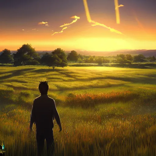 Image similar to a painting of a man standing in a field at sunset, a detailed matte painting by makoto shinkai, cgsociety, neo - primitivism, anamorphic lens flare, matte painting, global illumination