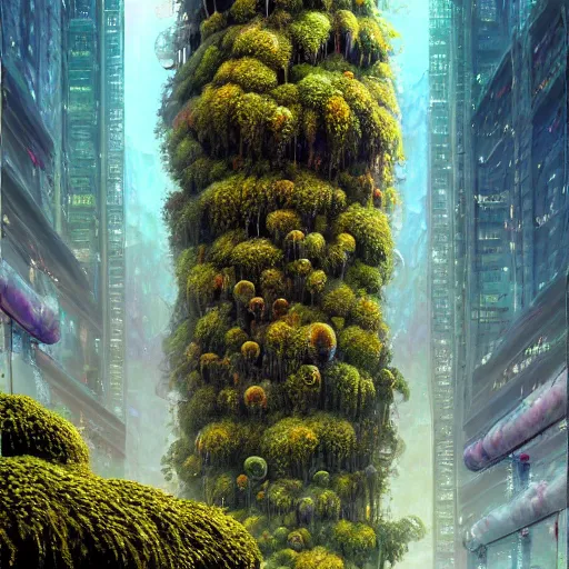 Prompt: overgrown flower covered mossy alien skyscrapers cryengine render, by android jones, james christensen, rob gonsalves, leonid afremov, syd mead, and john stephens