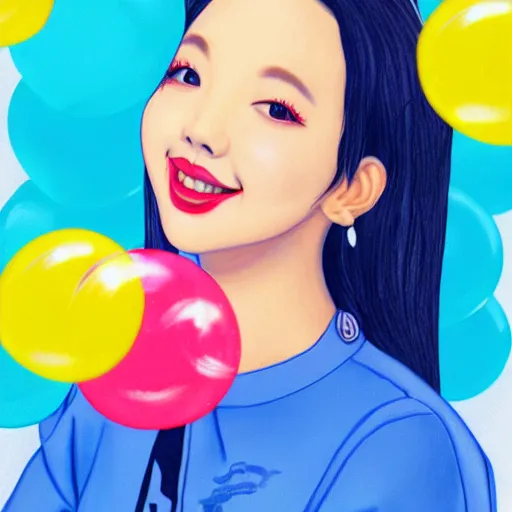 Image similar to an illustration that caricaturizes im nayeon of twice, colorful, bubbles, candy - coated, sugary sweet, yellows and blues