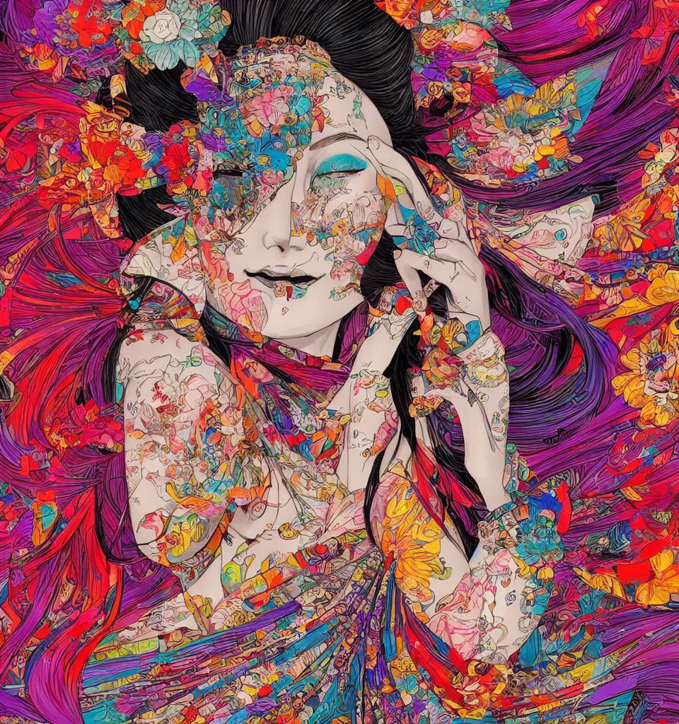 Prompt: colourful geisha in the style of android jones, 1 6 k, ultra detailed, ultra intricate, artstation