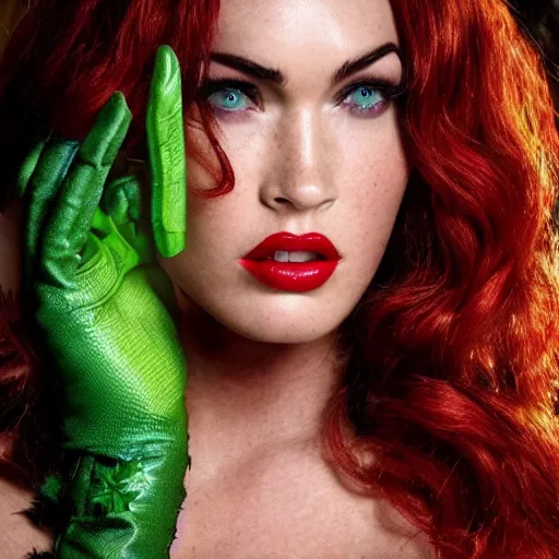 Image similar to stunning awe inspiring megan fox as poison ivy, movie still 8 k hdr atmospheric lighting