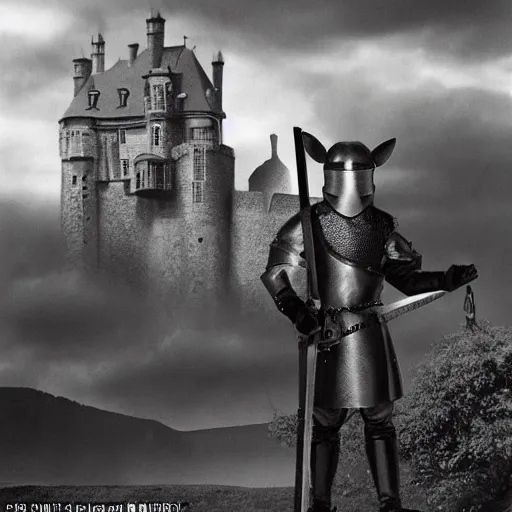 Image similar to anthropomorphic!!! fox!! who is a medieval knight holding a sword towards a stormy thundercloud 1 9 3 0 s film still, castle in the background