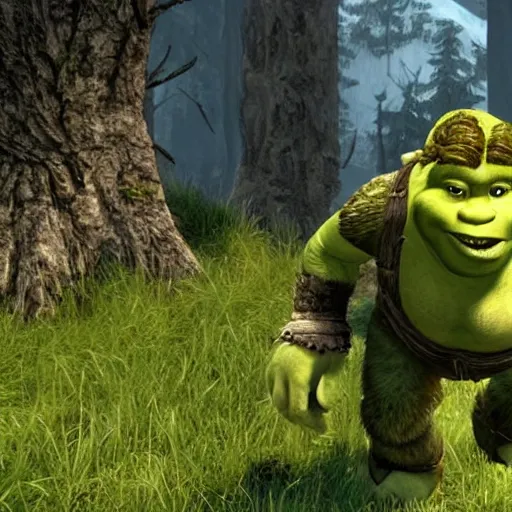 Image similar to shrek as the main character of skyrim