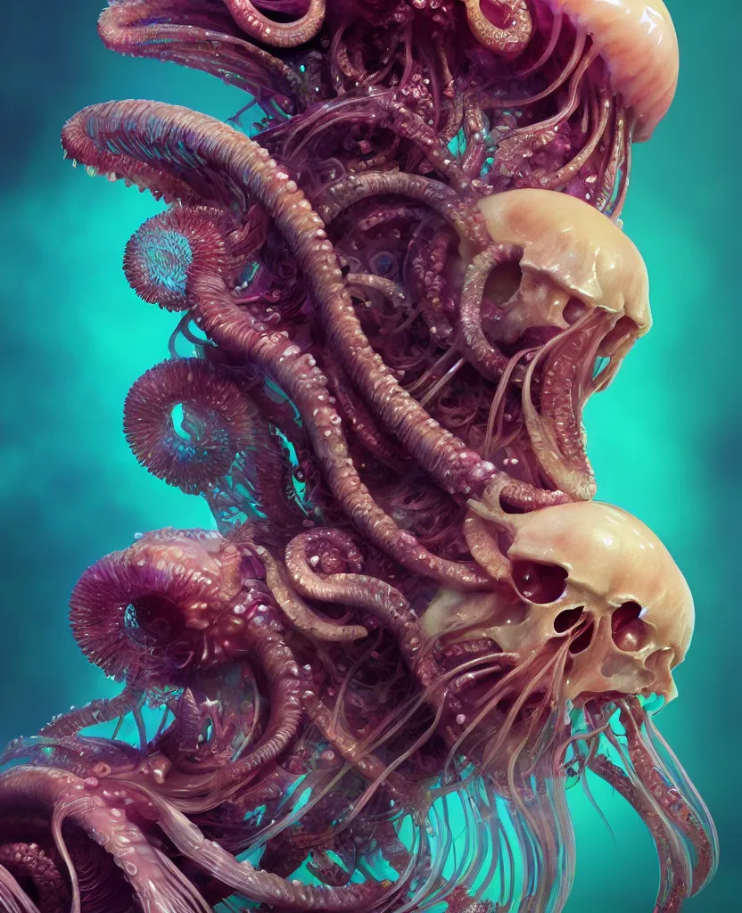 Image similar to goddess close-up portrait ram skull. jellyfish phoenix head, nautilus, orchid, skull, betta fish, bioluminiscent creatures, intricate artwork by Tooth Wu and wlop and beeple. octane render, trending on artstation, greg rutkowski very coherent symmetrical artwork. cinematic, hyper realism, high detail, octane render, 8k