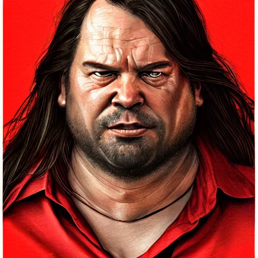 Image similar to portrait of a half fatman half pig with long hair tied in a ponytail, light stubble with red shirt ,digital art,photorealistoc,art by greg rutkowski,hyperdetailed,western comic style,comic,comic style,sharp lineart,professional lighting,deviantart,artstation,trevor henderson,rossdtaws,cinematic,dramatic
