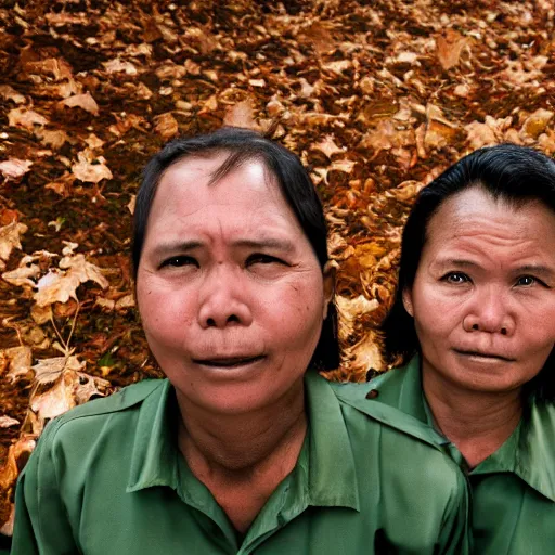 Prompt: closeup portrait of cleaners trying to hold back the falling leaves in a forest, detailed face, by Steve McCurry and David Lazar, CANON Eos C300, ƒ5.6, 35mm, 8K, medium-format print