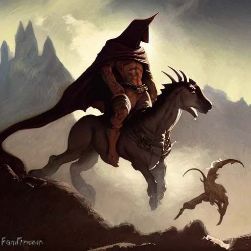Prompt: hooded knight riding a goat by frank frazetta, flowing cape, dynamic pose, chiaroscuro, fantasy, very detailed, dungeons & dragons, sharp focus, striking, artstation contest winner, detailed