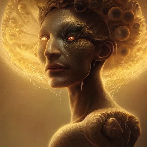 Image similar to by artgerm and agostino arrivabene, visually stunning, cinematic, ultra realistic, hyper realism, epic, octane render, unreal engine, vfx, maya, alien space knight, destroyed planet, fungal enchanter, murloc tinyfin, dread infernal, wee whelp, battle ram