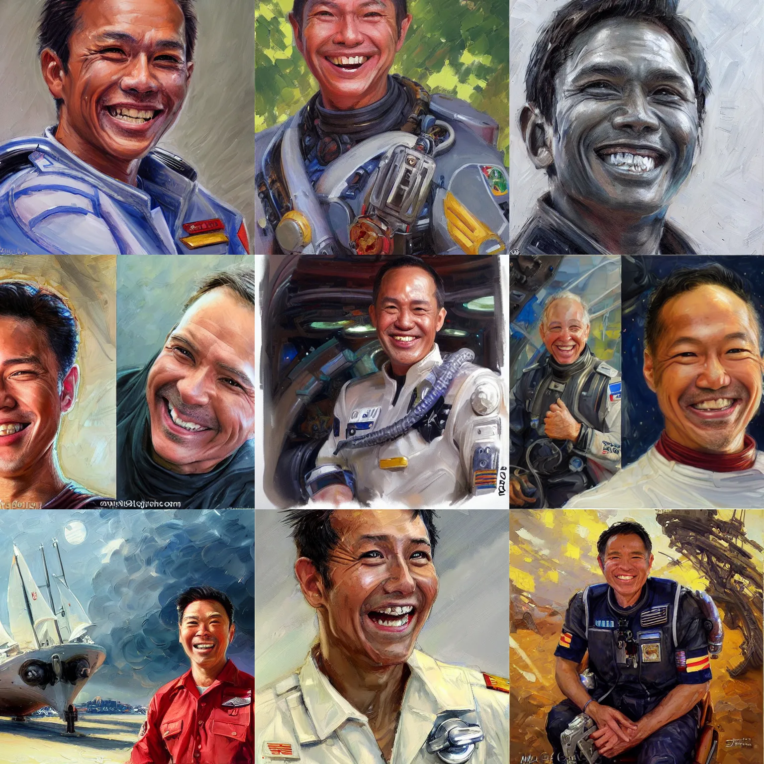 Prompt: star ship crew member from singapore, stubble, optimistic smile, candid, sci fi character portrait by Michael Garmash, Donato Giancola