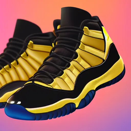 Prompt: jordan 1 1 sneakers. black and gold, bright, colorful, glossy, 3 d, arnold render, vray render, artstation, 4 k, very detailed, post processing