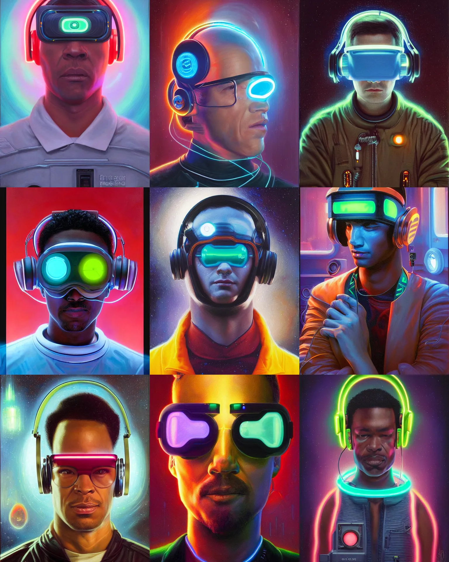 Prompt: neon cyberpunk engineer with glowing geordi cyclops visor over eyes and sleek headphones headshot desaturated portrait painting by donato giancola, dean cornwall, rhads, tom whalen, alex grey astronaut fashion photography